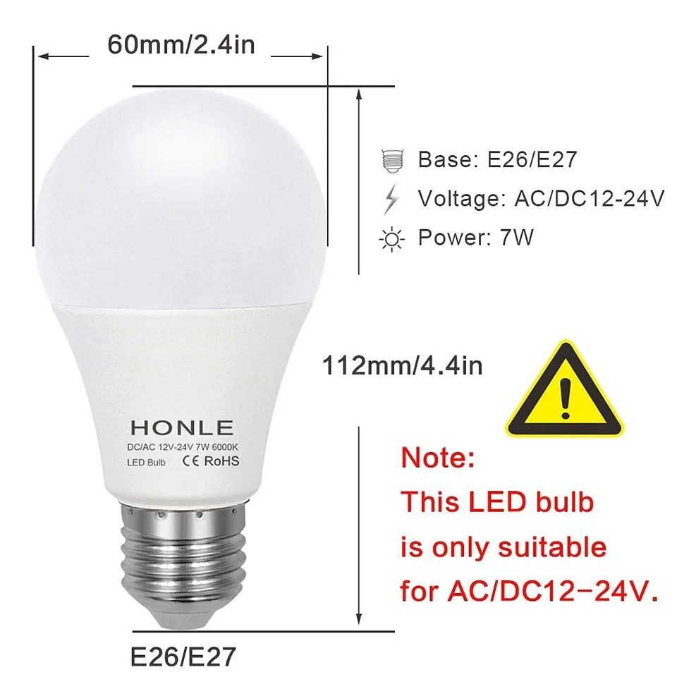 E26 E27 LED Light Bulbs 12V 24V Low Voltage 7W Daylight White 6000k Standard ... - Image 2 of 4