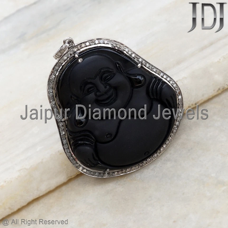 Colgante de regalo de piedras preciosas de ónix de plata de ley 925 con dije de Buda de diamantes pavé natural Foto 4 de 4