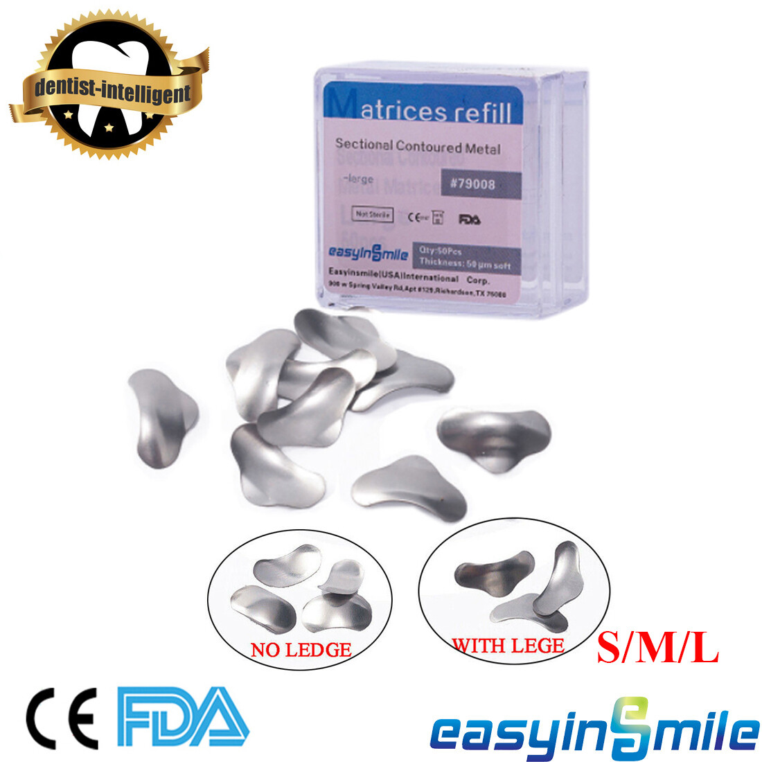 Easyinsmile 50-Piece Dental Sectional Contoured Matrix Bands Refill – 50um Thick, S/M/L Sizes