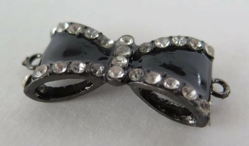 1PC Bow Connector, Black Enamel on Gunmetal with Rhinestones Bow, 35x15mm Diy - Image 2 of 4