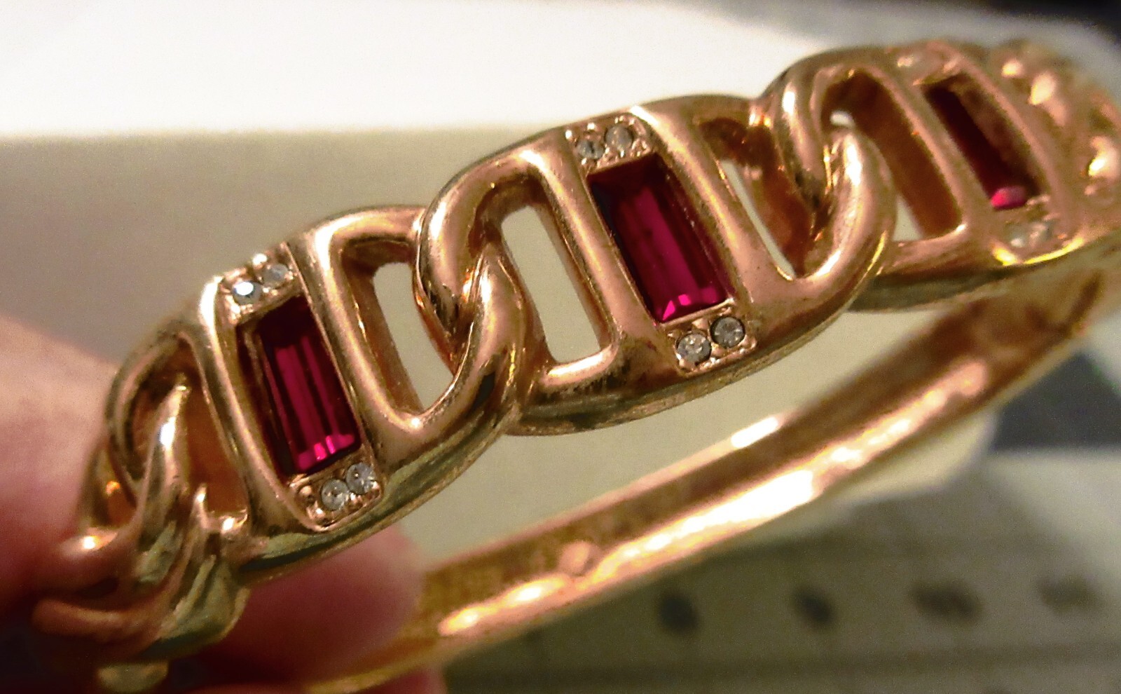 Swarovski Rectangular Red Rhinestones Hinged Bang… - image 1