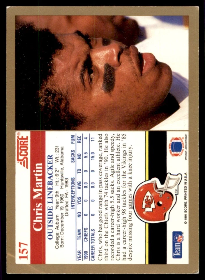 1991 Score Chris Martin Kansas City Chiefs #157 - Image 2 of 2