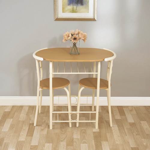 3pc Compact Dining Set - Space-Saving Table & 2 Chairs, Oak Effect & Buttermilk - Picture 2 of 6