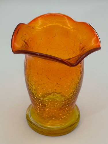 Vintage Crackle Glass Vase Mid Century Modern Amberina Orange Yellow Retro 3" - Picture 2 of 5