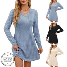 Women Sweater Knit V-Neck Warm Midi Dress Long Sleeve Casual ALine Sweater Dress