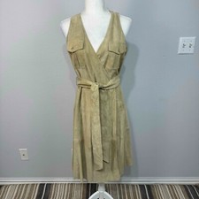 Lauren Ralph Lauren 100% Goat Suede Belted Sleeveless Dress Faux Wrap Tan Sz 10