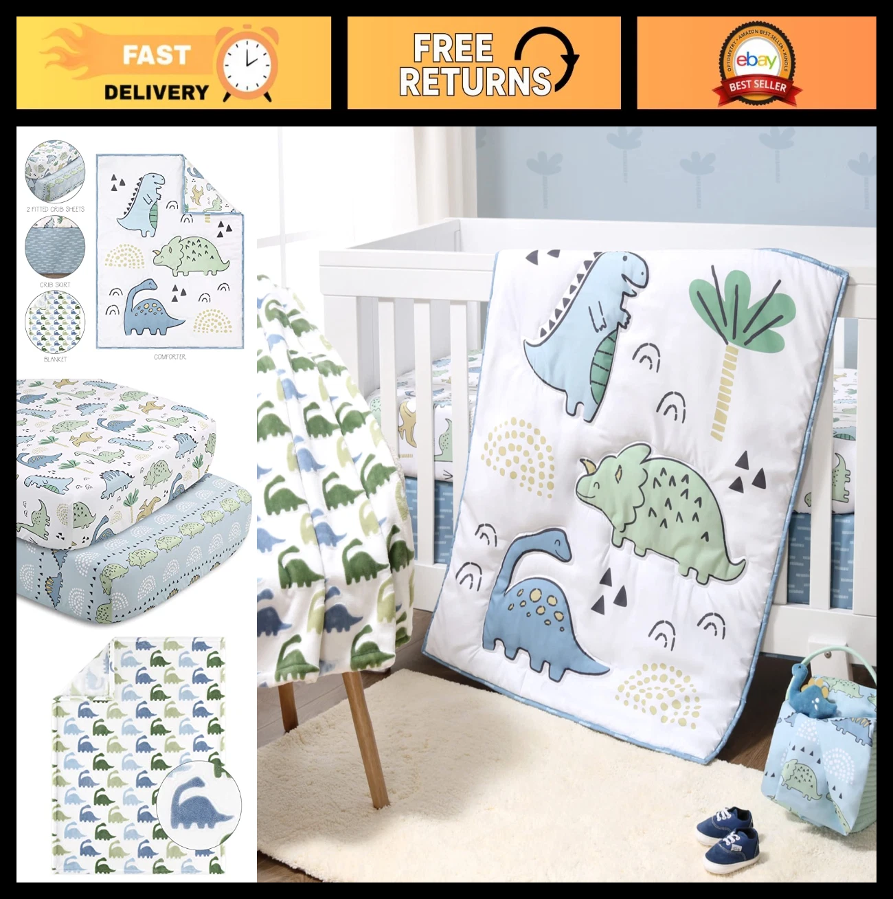 5 Piece Baby Crib Bedding Set for Boys - Blue Dino Nursery Decor, Fitted Sheets