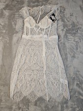 Fashion Nova Without A Trace Lace Dress White Corset Bodice Eyelash Fringe L
