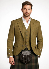 Men's olive green Tweed Argyle Kilt Jacket Vest Scottish Highland Wedding Coat