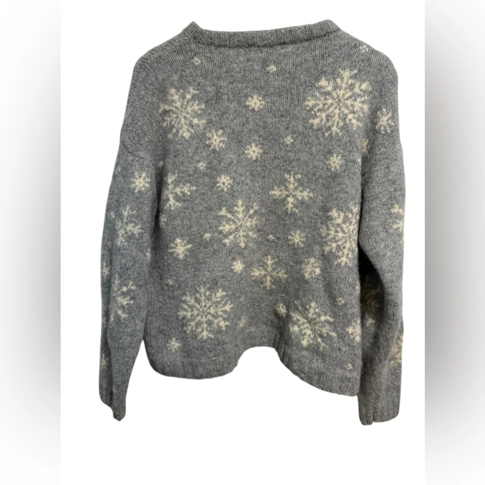 J. Crew 手工针织羊毛厚圆领灰色毛衣 100% 羊毛雪花 L 码 — 第 4/4 张图片