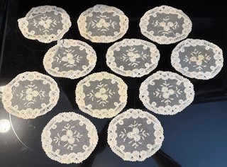 Set Of 11 Antique Creamy Brussels PRINCESS LACE Lace Doilies Or Coasters