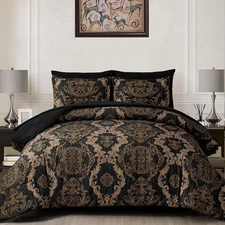  Black Down Comforter Set with Gold Brocade Texture 7-Piece Bedding Set