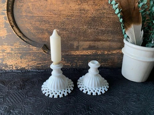 Vintage Westmoreland Lattice Edge Milk Glass Candlestick Holders Set of 2