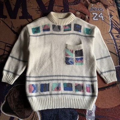 Vintage 80s Kitty Hawk Geometric Colorful Block Chunky Knit Pullover Sweater