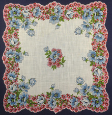 Vtg Hankie 13x13.25 Floral, blue/pink/red flowers scalloped border H500