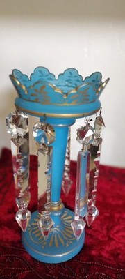 Victorian Rare French Blue Opaline Cut Glass Mantle Lusters Candles Prisms EXC