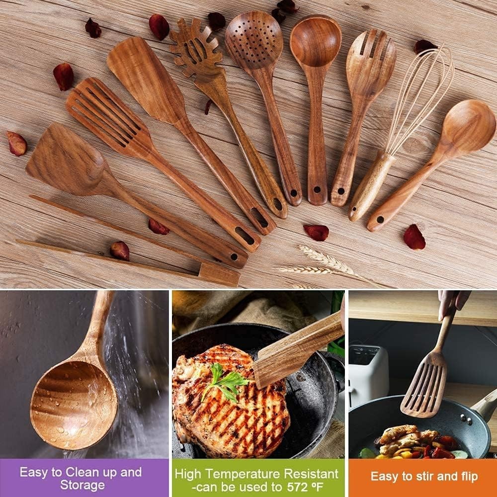 10 Pack Wooden Utensils for Cooking, Wood Utensil Set for Kitchen, Teak Wooden S