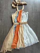 New BCBG Women size 2 Colorblock White Halter Pleated Cocktail Dress w/ Belt