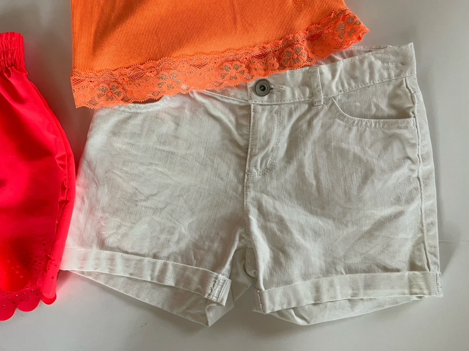 Lot 3 Girl's Ribbed Tank Cami White Denim Shorts Athletic Cut Out Neon Sz 10-12 - Image 4 of 4