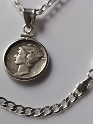 Silver Plated Necklace With Coin 1943 Silver Mercury Dime. Colectibles.