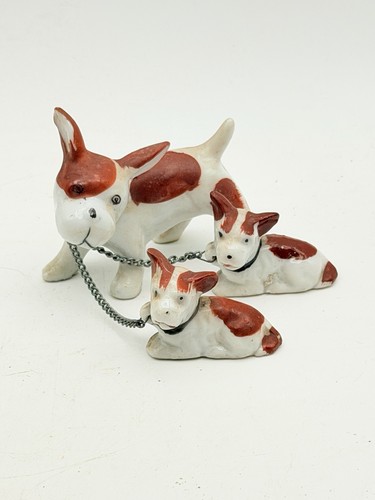 Vintage Japan Dog Family Figurine Set Chain Puppies Red White