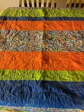 Handmade Child/Baby Quilt Blue/Green/Orange Animal Shapes Stitching 82" x 54"