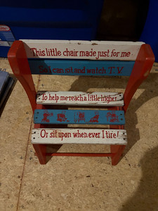 Vintage Children's Wooden Folding Chair and Step Stool Red White Blue 1960s