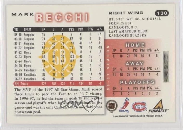 1997-98 Score Golden Blades Mark Recchi #130 HOF - Image 2 of 2