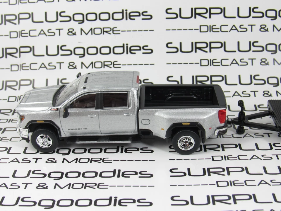Greenlight 1:64 Silver 2022 GMC SIERRA 3500 SLT Dually Pickup w/Open Car Trailer - Image 3 of 4
