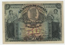 Spain España 50 Pesetas 15-7-1907 Pick 63.b XF- Circulated Banknote Republic