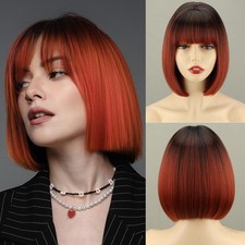 Ombre Orange Bob Wig with Bangs Natural Short Straight Wigs for Women Synthetic