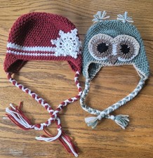 2 Handmade Knit Childrens Hats Owl Snowflake No Tags