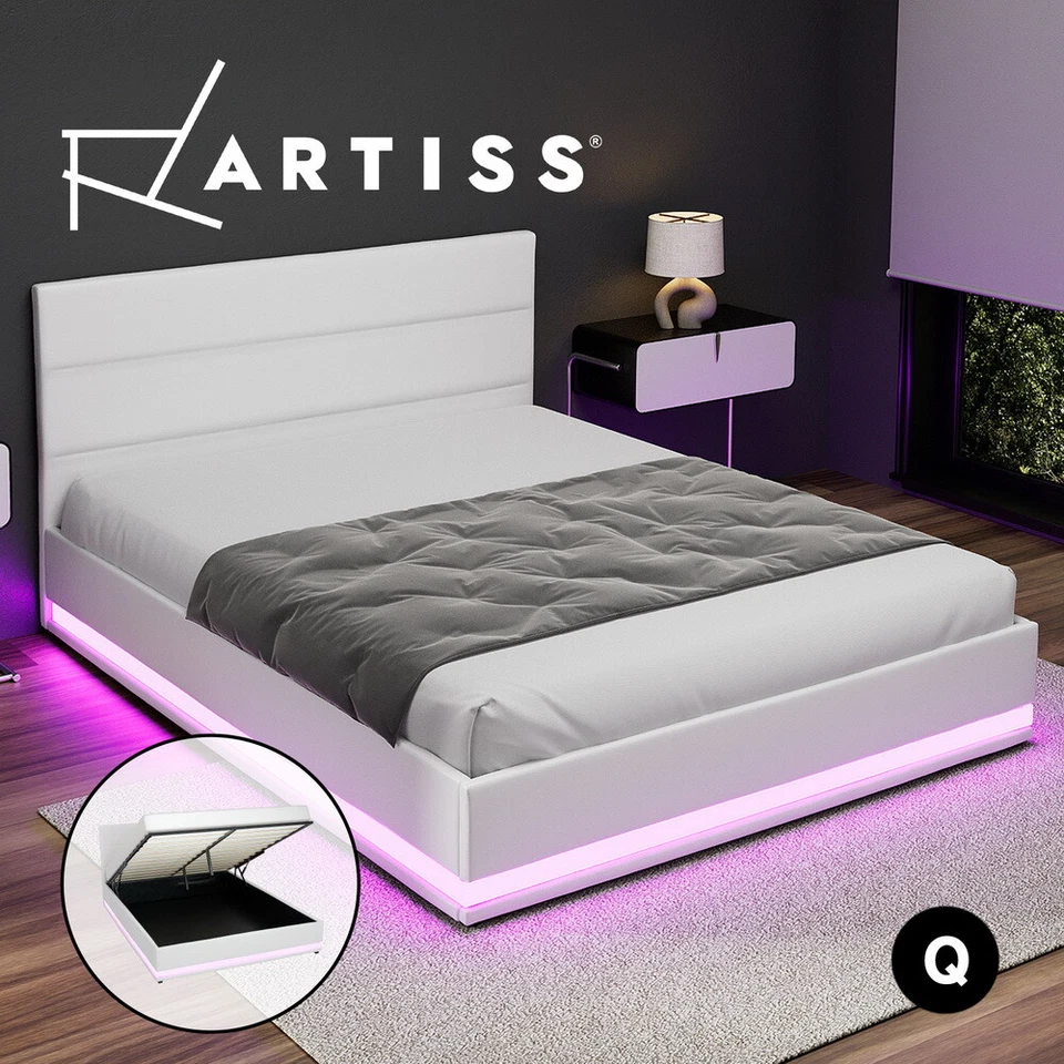 Artiss Bed Frame Queen Size RGB LED Gas Lift Storage Mattress Base White LUMI