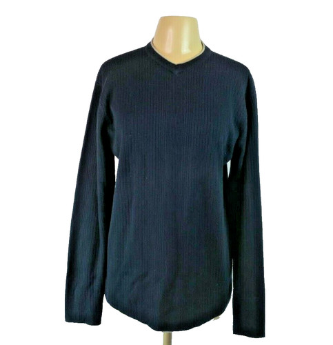 VTG 90s Quiksilver V Neck Logo Surf Sweater Blue Ribbed Long Sleeved