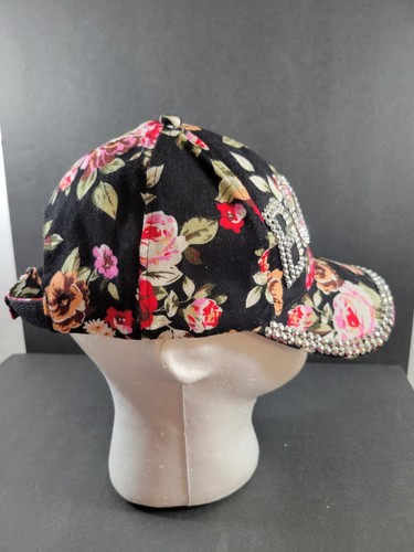 Women's BOSS Black Pink Floral Baseball Hat Cap Silver Tone Sequins One Size - Picture 5 of 11