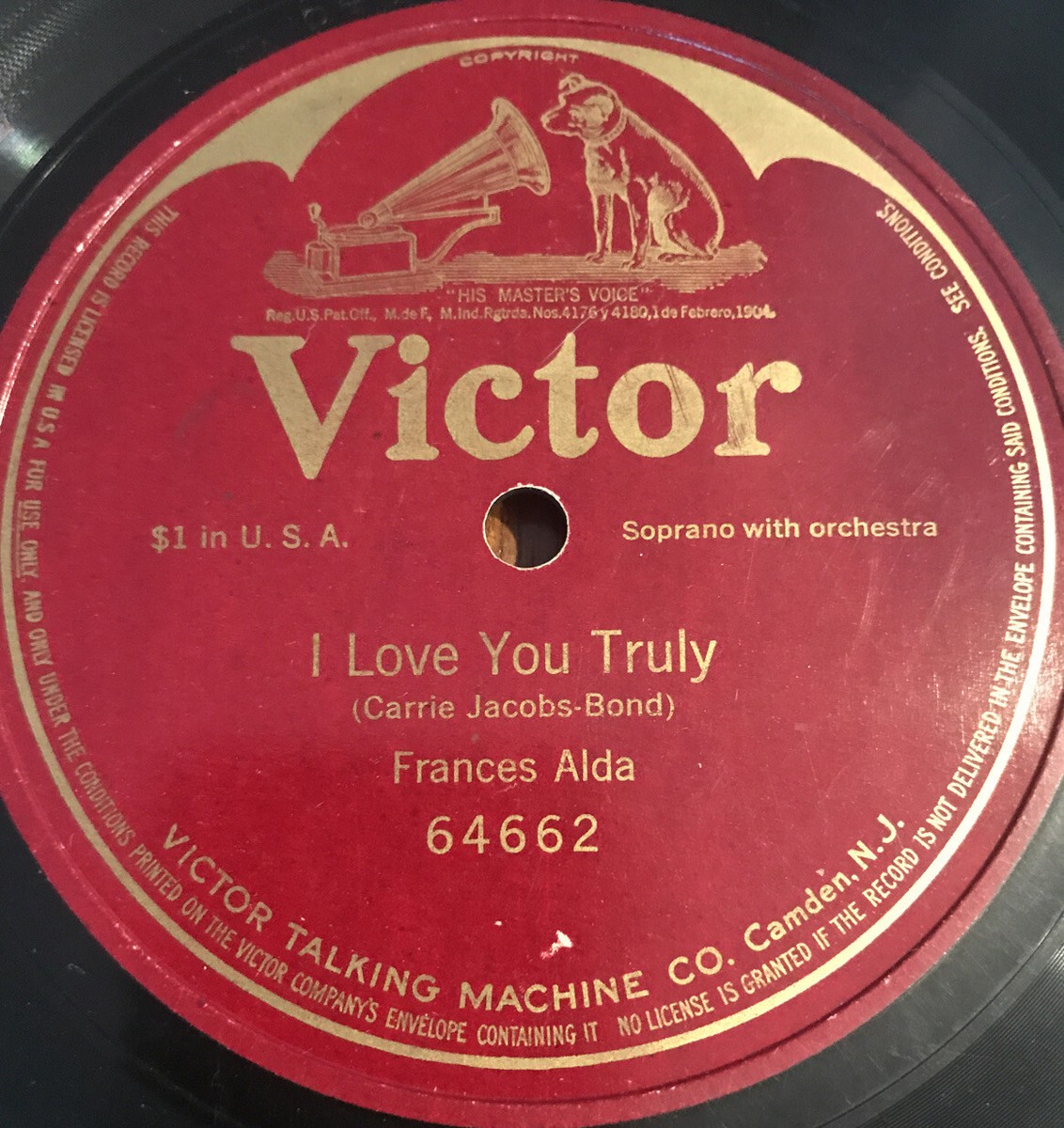 FRANCES ALDA 78 rpm Single Faced Victor 64662 I LOVE YOU TRULY V+