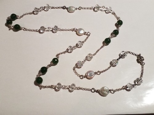Silver Toned Chain Necklace Real Stone Beads Freshwater Pearls Crystals Jade 18" - Picture 2 of 12