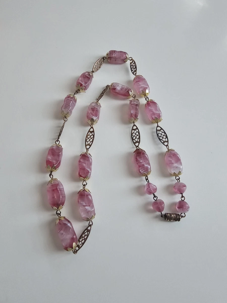 Collier Vintage Filigrane Et Agate Rose Doré - Longueur 66-70 Cm, Occasion, Sautoir élégant