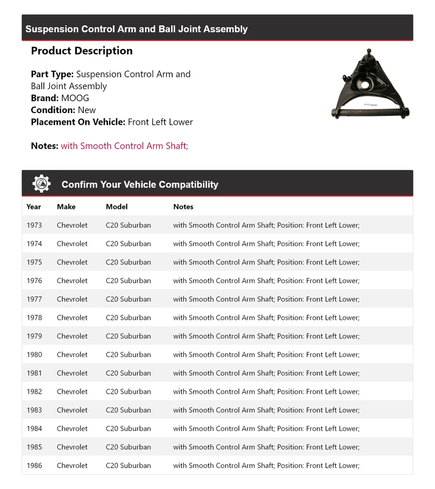 Brazo de control delantero izquierdo inferior MOOG 1973-1986 para Chevrolet C20 Suburban 1973-1986 Foto 2 de 4