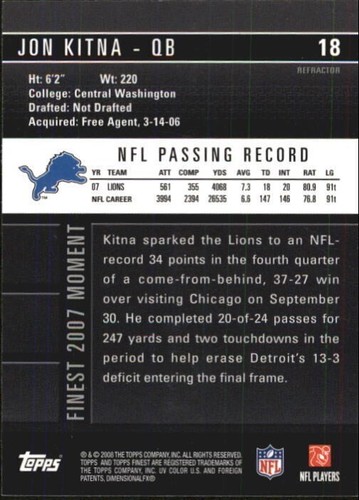 2008 Topps Finest JON KITNA #18 blue refractor refractors xfractor 🏈 - Picture 2 of 2