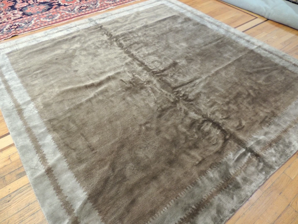 7x7 Square Tibetan Oriental Area Rug wool Green Beige/Taupe SILK - Image 4 of 4