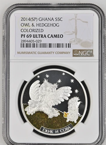 5 CEDIS 2014 GHANA ANIMATION HEDGEHOG AND OWL SILVER PROOF NGC PF69