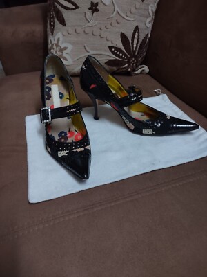 Christian Lacroix black patent/flowery silk jeweled buckle women's pumps Italy