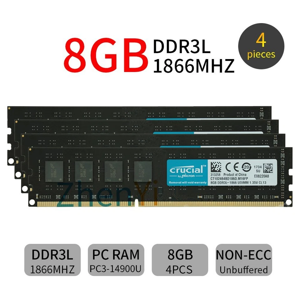 32GB 16GB 8GB DDR3L PC3-14900U 1866MHz 1.35V 240Pin DIMM Memory For Crucial LOT - Image 2 of 4