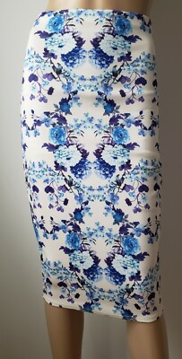 New Boohoo Floral White Blue Pencil  Midi Skirt Size 4