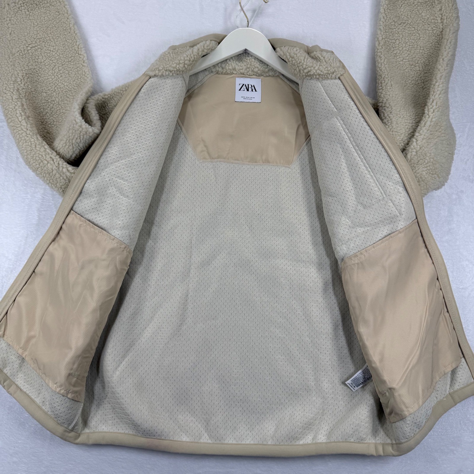 ZARA Sherpa Fleece Jacket Beige Full Zip Pockets Mock Neck Women's M image 5