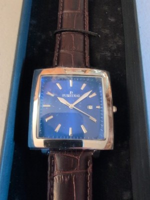 Puredial Men's Square Legacy Watch Wristwatch Blue/Silver Leather Band