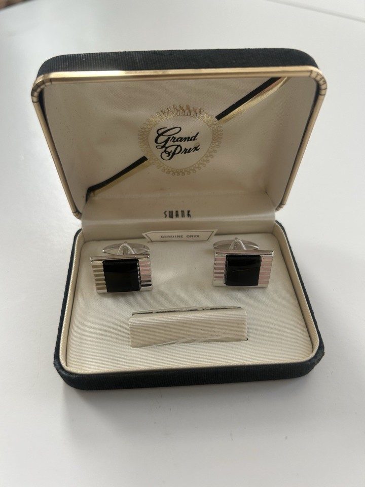 Swank Grand Prix cufflinks set in genuine onyx, still in the original box — a dead-stock-era time capsule of serious Mad Men-era style.
