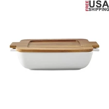Ceramic Baking Dish W/ Acacia Wood Lid Double Handle Oven to Table Casserole New