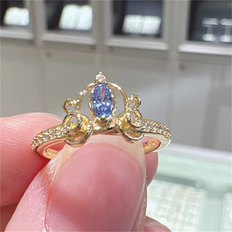 Novo anel de prata esterlina 925 ouro azul Disney Cinderela's Carruge todos os tamanhos - Imagem 3 de 4
